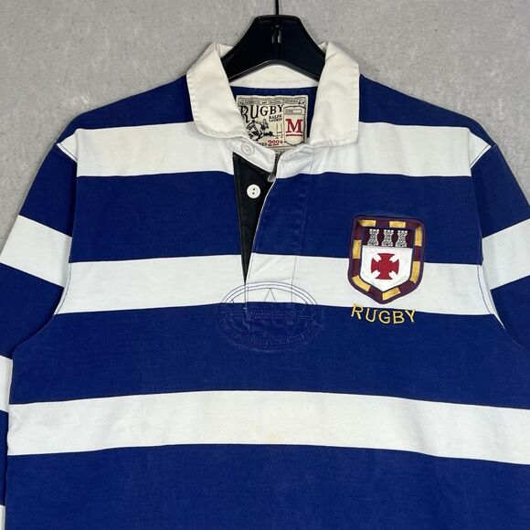 Polo Ralph Lauren Rugby Shirt Men's Medium White/ Blue Striped Long Sleeve RARE - Picture 2 of 12